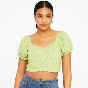 Princess Polly Floral Crop Top Green Puff Sleeve Button Front Women's Size 4‎